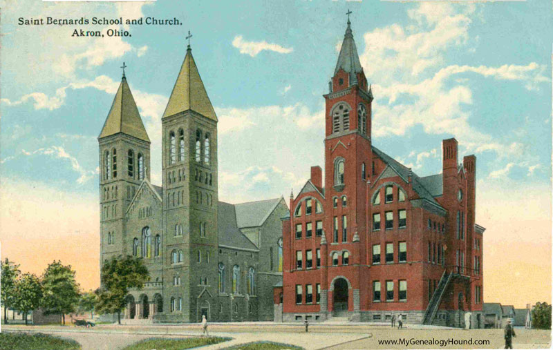 Akron, Ohio, Saint Bernards School and Church, vintage postcard, historic photo