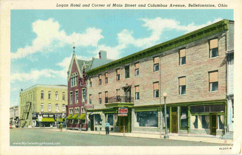 Bellefontaine, Ohio, Logan Hotel and Corner of Main Street and Columbus Avenue, vintage postcard, historic photo