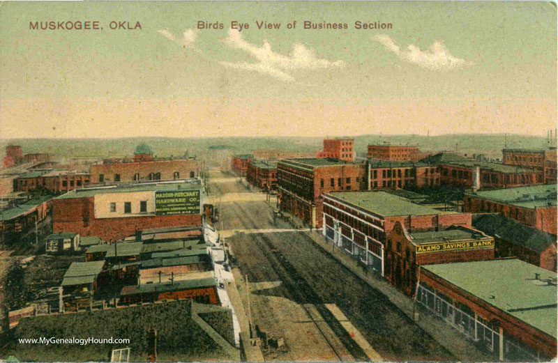 Muskogee, Oklahoma, Birds Eye View of Business Section, vintage postcard, historic photo