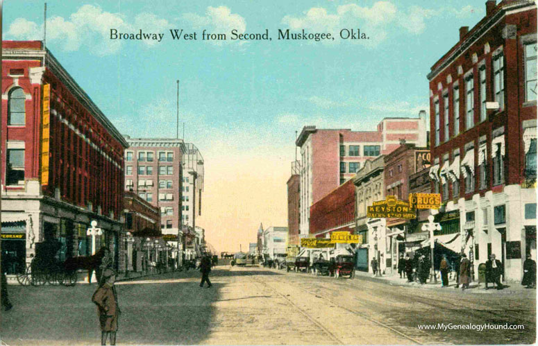 Muskogee, Oklahoma, Broadway West From Secondl, vintage postcard, historic photo