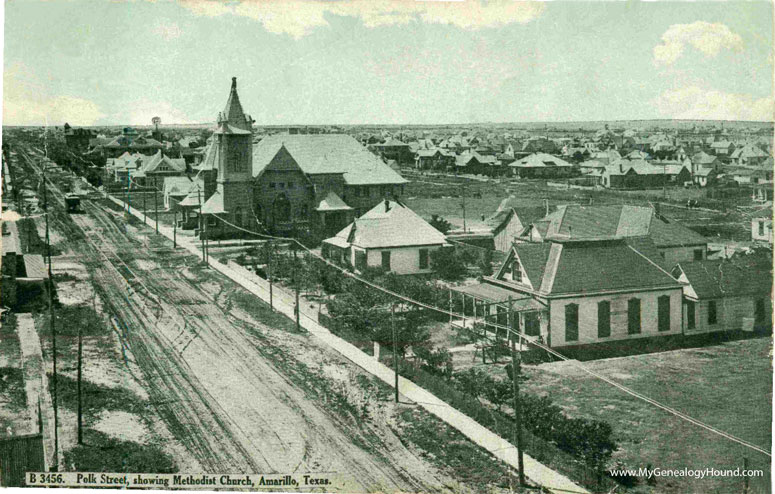 Amarillo, Texas, Polk Street showing Methodist Church, vintage postcard, historic photo