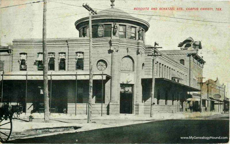 Corpus Christi, Texas, Mesquite and Schatzel Streets, vintage postcard, historic photo