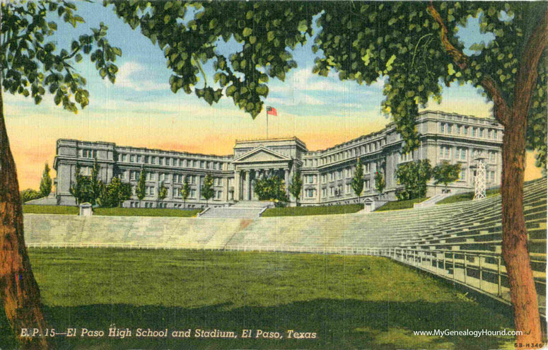 El Paso, Texas, High School and Stadium, vintage postcard, historic photo