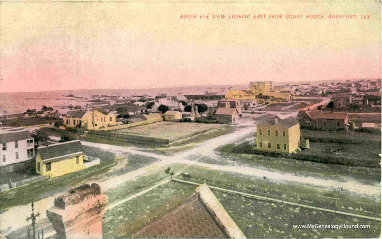 Rockport, Texas Bird's Eye View looking East from Court House, vintage postcard, historic photo