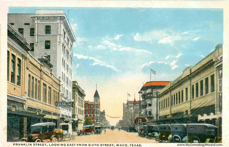 Waco, Texas, Franklin Street looking East from Sixth Street, vintage postcard, historic photo
