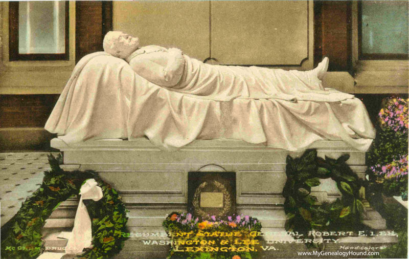 Lexington, Virginia, Recumbent Statue of Robert E. Lee in Lee Chapel, Washington and Lee University, vintage postcards, historic photos