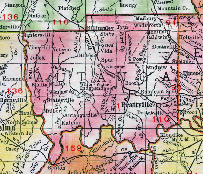 Autauga County, Alabama, Map, 1911, Prattville, Autaugaville, Billingsley