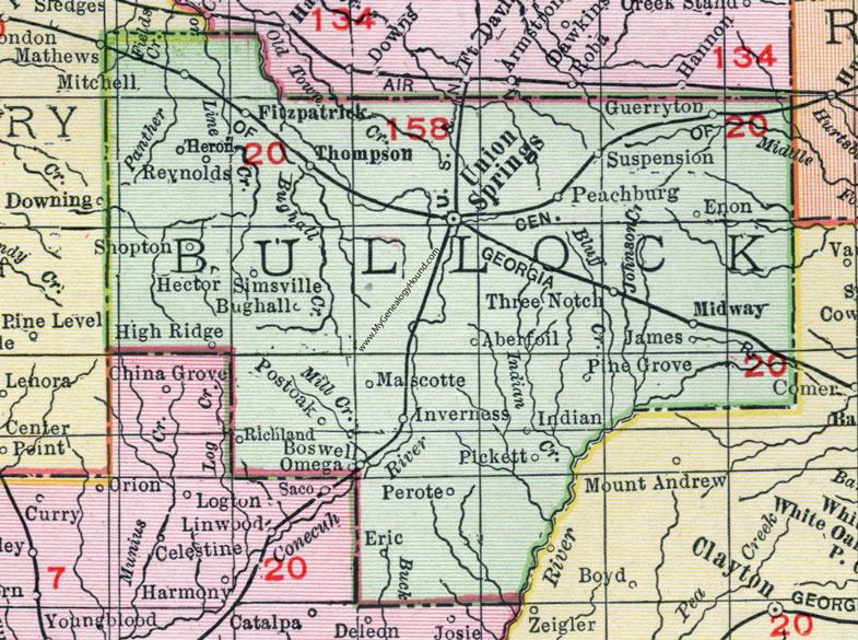 Bullock County, Alabama, Map, 1911, Union Springs, Fitzpatrick, Mitchell, Shopton, Aberfoil, Inverness, Perote, Midway, Peachburg, Guerryton, Simsville, Bughall, Boswell, Mascotte
