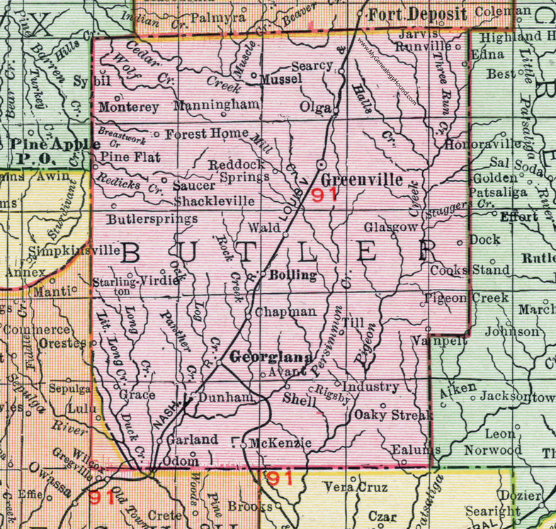 Butler County, Alabama, Map, 1911, Greenville, Georgiana, McKenzie, Bolling, Chapman, Forest Home, Garland, Reddock Springs, Oaky Streak, Ealums, Manningham, Shackleville, Starlington, Virdie, Butler Springs