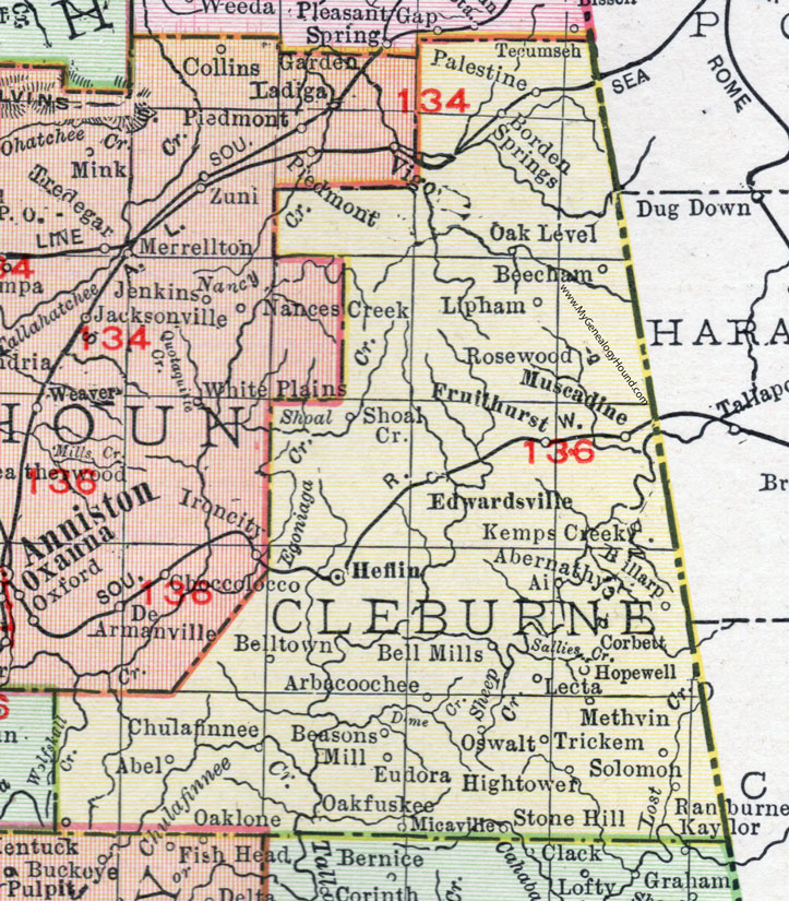Cleburne County, Alabama, Map, 1911, Heflin, Edwardsville, Fruithurst, Borden Springs, Muscadine, Ranburne, Methvin, Trickem, Oswalt, Arbacoochee, Chulafinnee, Lipham, Oakfuskee, Beasons Mill, Micaville, Corbett, Rosewood