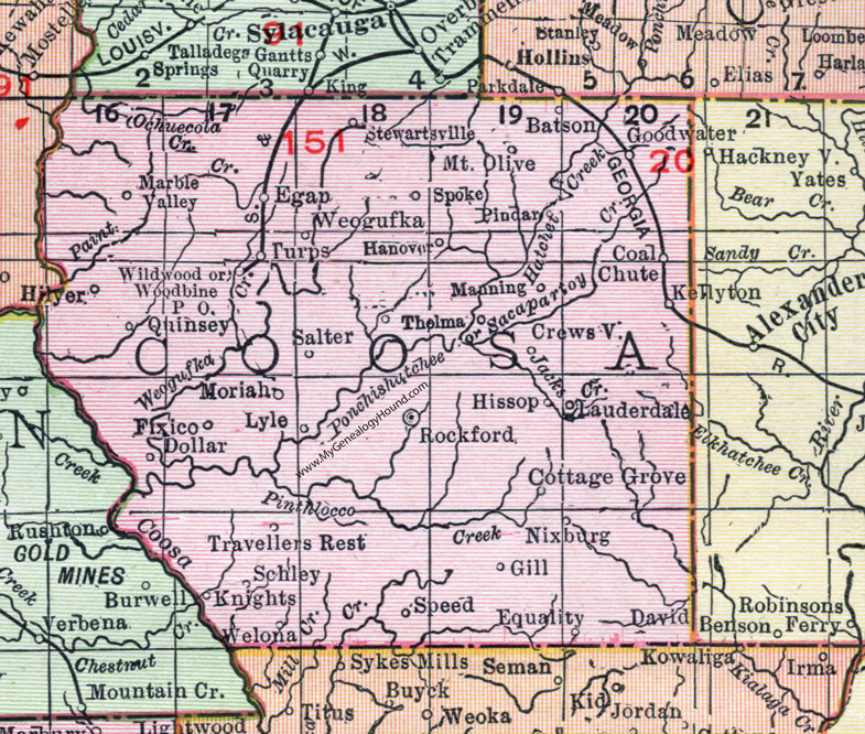 Coosa County, Alabama, Map, 1911, Rockford, Goodwater, Kellyton, Equality, Weogufka, Stewartville, Nixburg, Schley, Travellers Rest, Quinsey, Welona, Batson, Hilyer, Moriah, Fixico, Dollar, Hissop