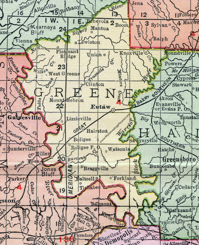 Greene County, Alabama, Map, 1911, Eutaw, Forkland, Boligee, Knoxville