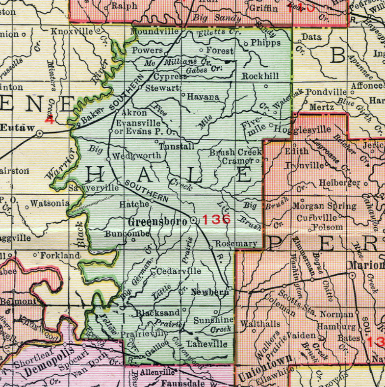 Hale County, Alabama, Map, 1911, Greensboro, Akron, Moundville, Newbern