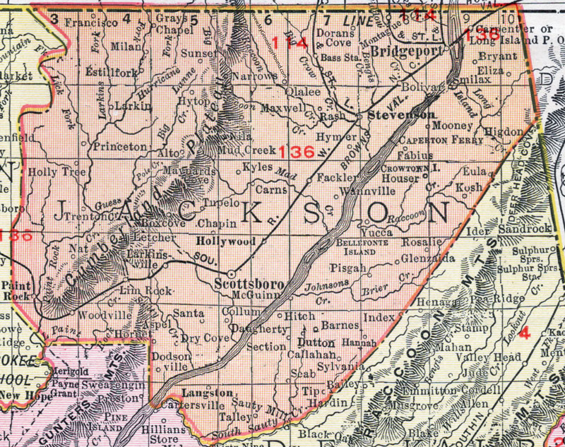 Jackson County, Alabama, Map, 1911, Scottsboro, Bridgeport, Stevenson, Hollywood