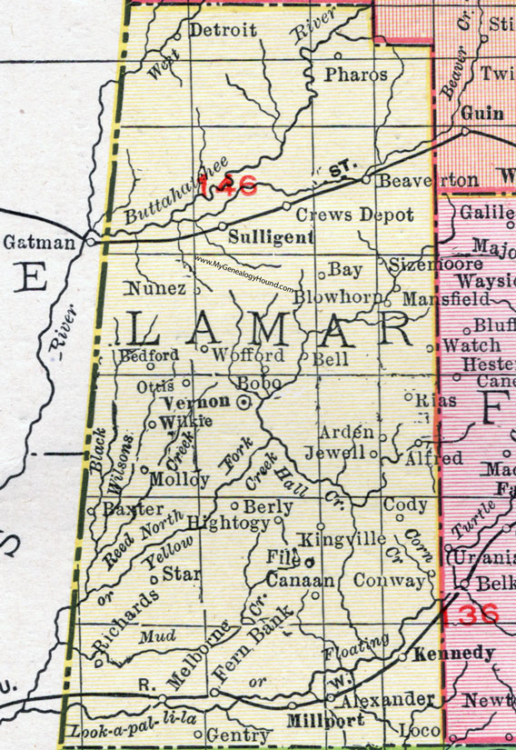 Lamar County, Alabama, Map, 1911, Vernon, Millport, Kennedy, Sulligent