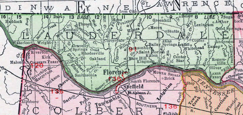 Lauderdale County, Alabama, Map, 1911, Florence, Rogersville, Waterloo, Lexington