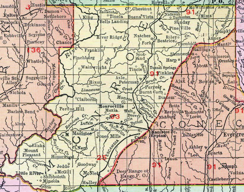 Monroe County, Alabama, Map, 1911, Monroeville, Beatrice, Claiborne ...