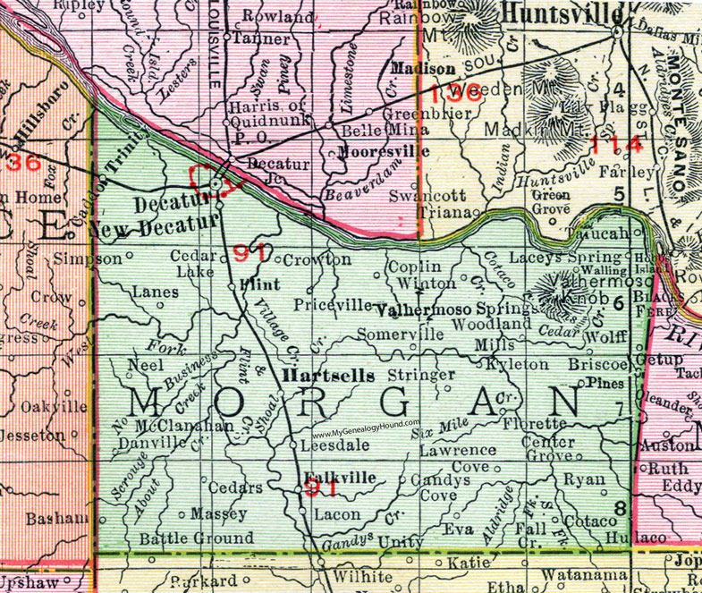 County, Alabama, Map, 1911, Decatur, Hartselle, Falkville