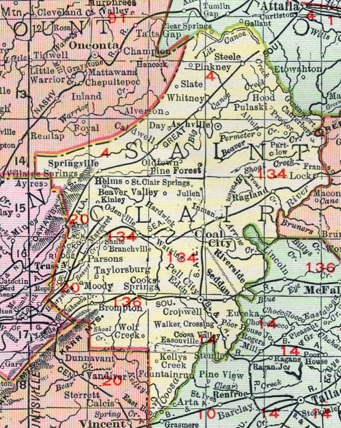 St. Clair County, Alabama, Map, 1911, Pell City, Ashville, Coal City, Springville, Ragland