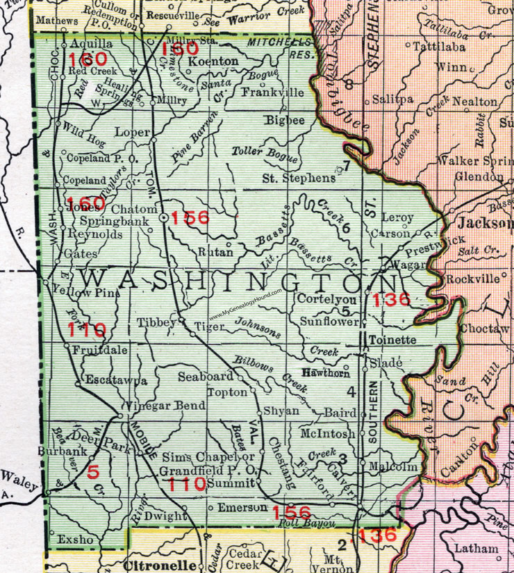 Washington County, Alabama, Map, 1911, Chatom, Millry, Wagarville, McIntosh, Fruitdale