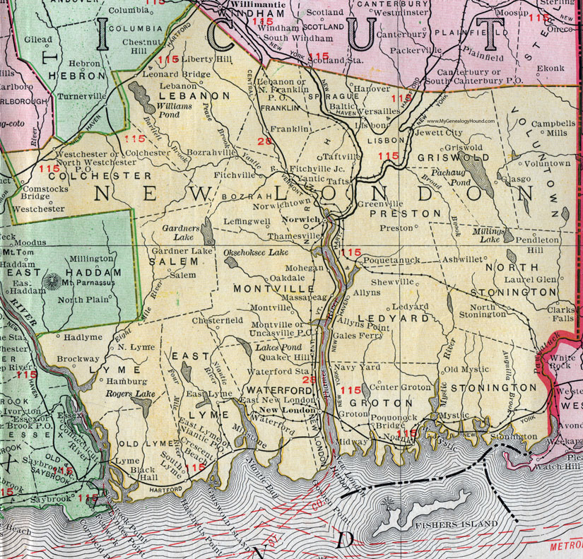 New London County, Connecticut, 1911, Map, Rand McNally, Waterford, Norwich, Groton, Mystic, West Mystic, Stonington, Colchester, Yantic, Jewett City, Lebanon, Montville, Salem