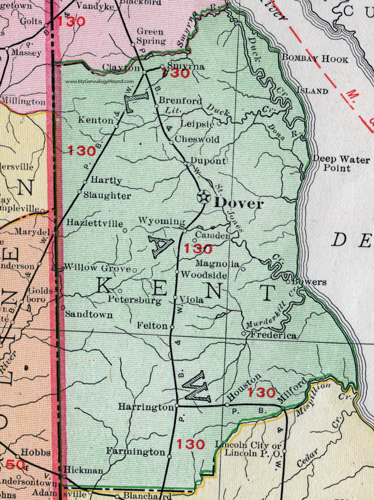 Kent County, Delaware, 1911, Map, Rand McNally, Dover, Smyrna, Milford, Harrington, Wyoming, Camden, Farmington, Leipsic, Clayton, Kenton, Hartly, Hazlettville, DE