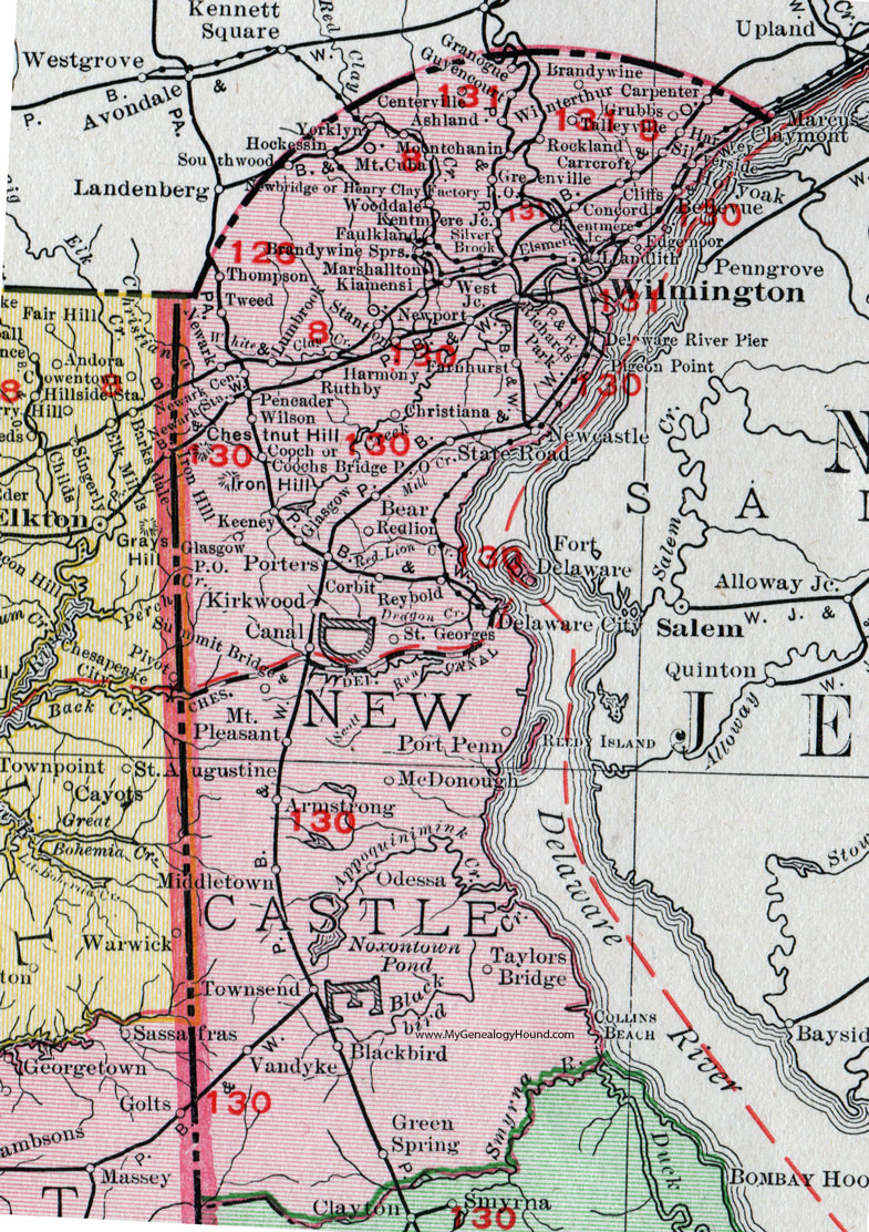 New Castle County, Delaware, 1911, Map, Rand McNally, Wilmington, Glasgow, Newark, Claymont, Newport, Elsmere, Bear, New Castle, Hockessin, Holly Oak, Kirkwood, Chestnut Hill, Kiamensi, DE