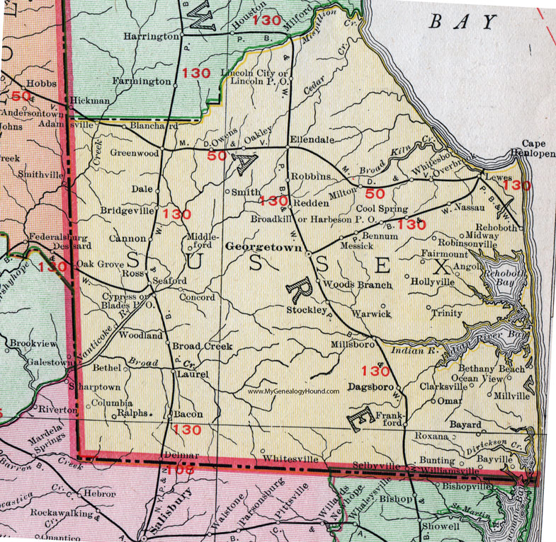 Sussex County, Delaware, 1911, Map, Rand McNally, Georgetown, Laurel, Seaford, Milton, Lewes, Bridgeville, Selbyville, Ocean View, Millsboro, Redden, Bacon, Rehoboth, Dagsboro, DE