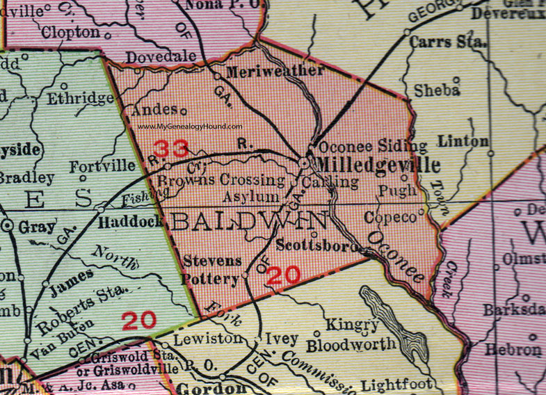 Baldwin County, Georgia, 1911, Map, Rand McNally, Milledgeville, Stevens Pottery, Scottsboro, Meriwether, Copeco, Asylum, Andes, Carling, Browns Crossing, Oconee Siding, Pugh