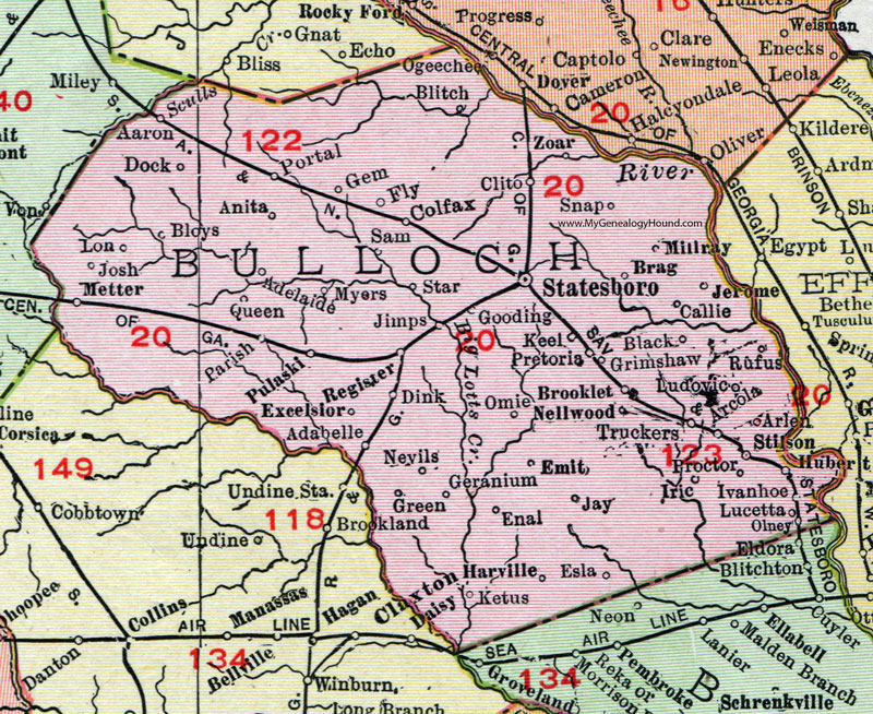 Bulloch County, Georgia, 1911, Map, Rand McNally, Statesboro, Brooklet, Portal, Register, Colfax, Ivanhoe, Metter, Blitch, Jimps, Ketus, Harville, Nellwood, Grimshaw