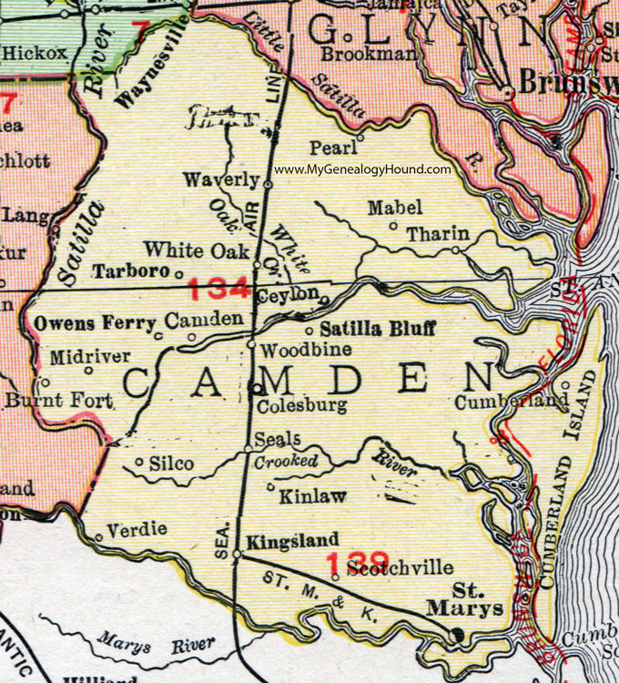 Camden County, Georgia, 1911, Map, Rand McNally, Kingsland, St. Marys, Woodbine, Waverly, White Oak, Tarboro, Burnt Fort, Cumberland, Silco, Satilla Bluff, Colesburg, Kinlaw