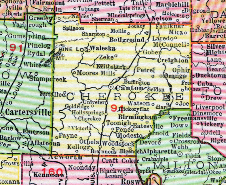 Cherokee County, Georgia, 1911, Map, Rand McNally, Canton, Woodstock, Holly Springs, Keithsburg, Ball Ground, Free Home, Waleska, Sallacoa, Laredo, McConnell, Othela, Creighton
