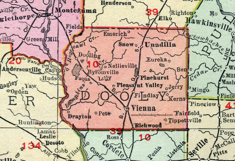 Dooly County, Georgia, 1911, Map, Rand McNally, Vienna, Unadilla, Byromville, Pinehurst, Lilly, Richwood, Dooling, Drayton, Tippettville, Emerich, Nellieville, Fuqua, Eureka