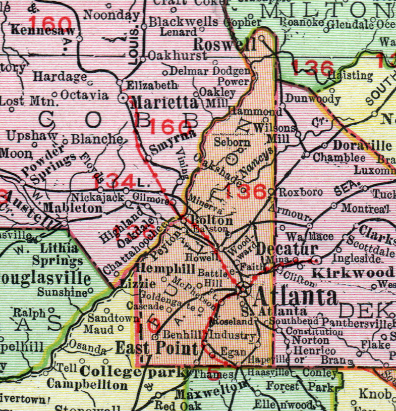 Fulton County, Georgia, 1911, Map, Rand McNally, Atlanta, Roswell, East Point, Peyton, Ft. McPherson, Hemphill, Benhill, Egan, Roseland, Bolton, Minerva, Woodward, Goldengate