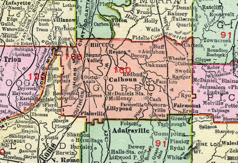 Gordon County, 1911, Map, Rand McNally, Calhoun, Resaca, Fairmount