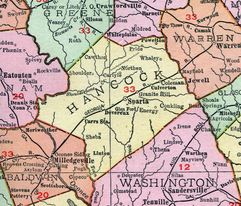 GA Hancock County Georgia 1911 Rand McNally 