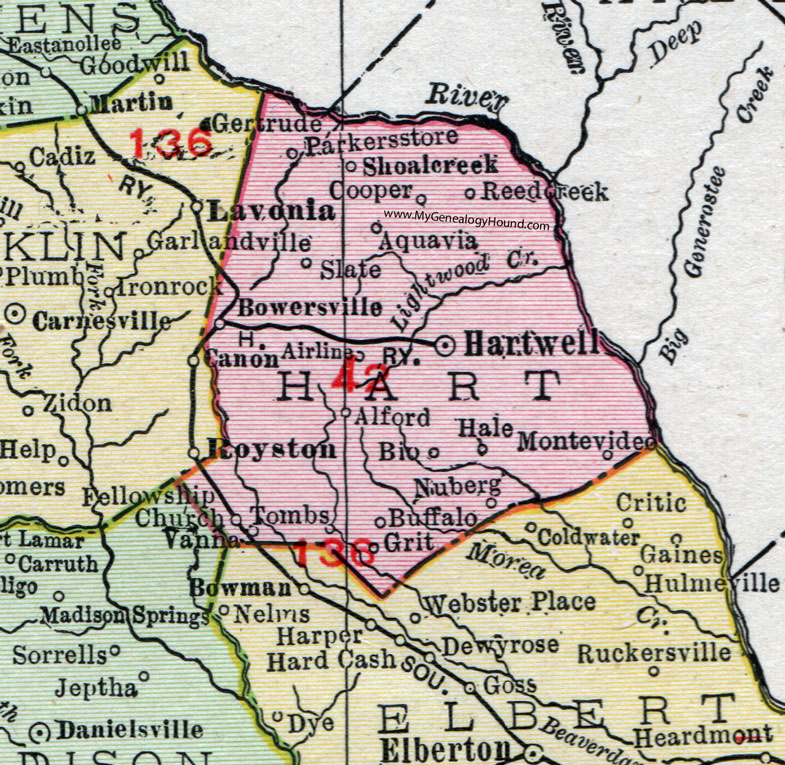 Hart County, 1911, Map, Hartwell, Bowersville, Aquavia, Alford