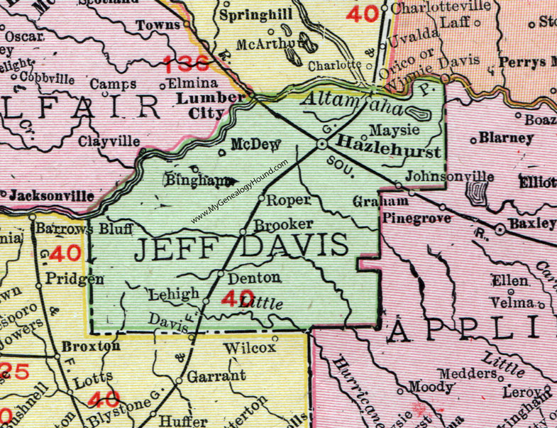 Jeff Davis County, Georgia, 1911, Map, Hazlehurst, Roper, Denton, Maysie, Johnsonville, McDew, Bingham, Brooker, Lehigh