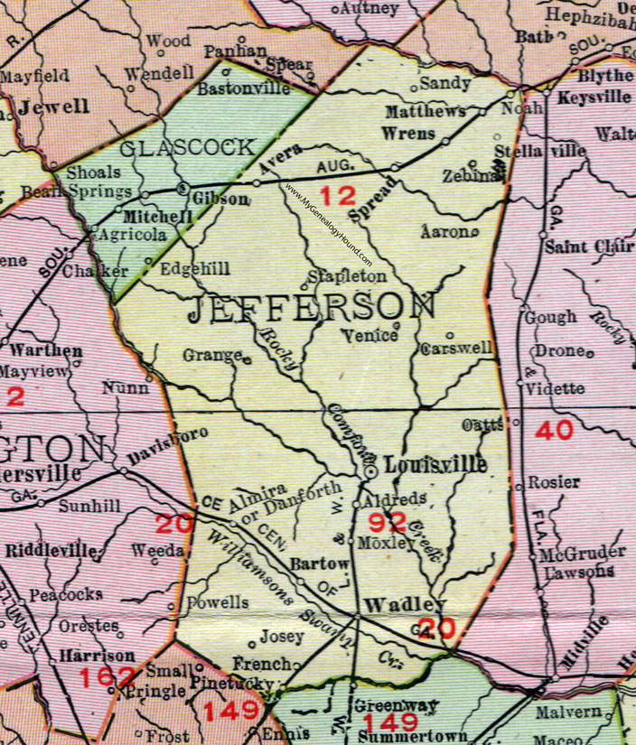 Jefferson County, Georgia, 1911, Map, Louisville, Wrens, Wadley, Avera, Zebina, Moxley, Bartow, Grange, Carswell, Venice, Noah, Aldreds, Almira, Danforth, Josey, Pinetucky, French, Stellaville, Stapleton