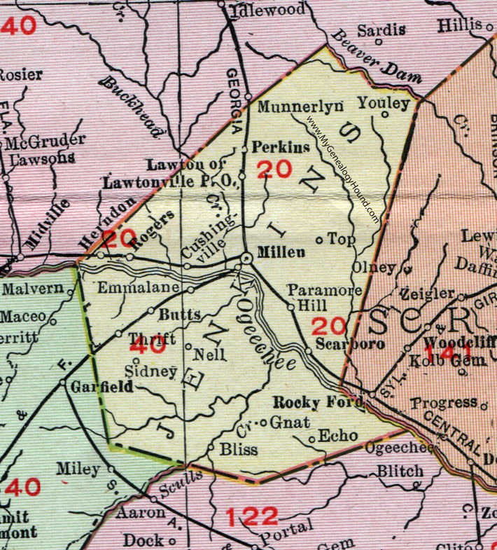 Jenkins County, Georgia, 1911, Map, Millen, Emmalane, Perkins, Scarboro, Youley, Lawton, Cushingville, Herndon, Rogers, Butts, Thrift, Sidney, Nell, Bliss, Gnat, Echo, Top, Paramore Hill