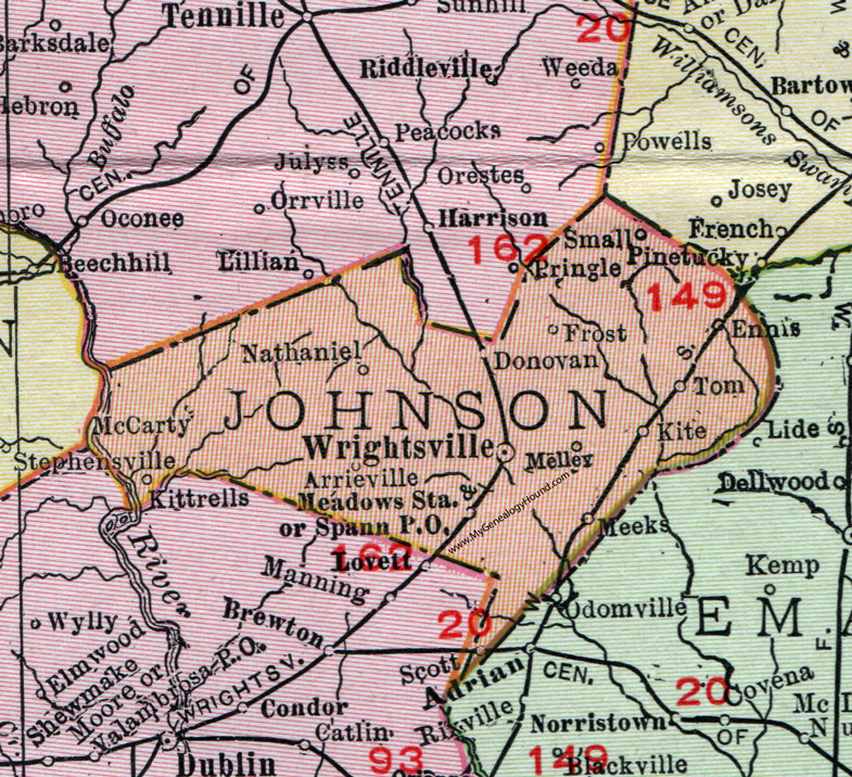 Johnson County, Georgia, 1911, Map, Wrightsville, Kite, Donovan, Kittrells, Arrieville, Small, Ennis, Tom, Melley, Nathaniel, McCarty, Meadows Station, Spann, Meeks, Scott, Frost
