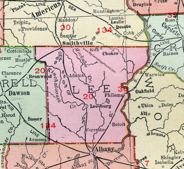 Lee County, Georgia, 1911, Map, Leesburg, Smithville, Philema, Forrester, Beloit, Adams, Rift, Chokee