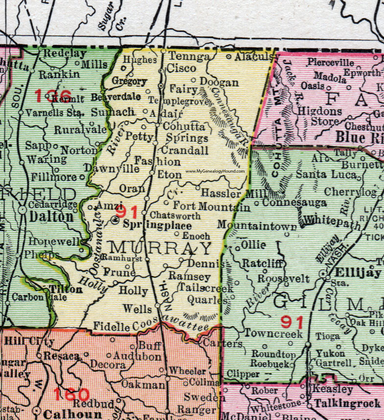 Murray County, Georgia, 1911, Map, Rand McNally, Chatsworth, Spring Place, Eton, Crandall, Sumach, Tennga, Cohutta Springs, Amzi, Ramsey, Adair, Alaculsy, Petty, Doogan, Hassler Mill