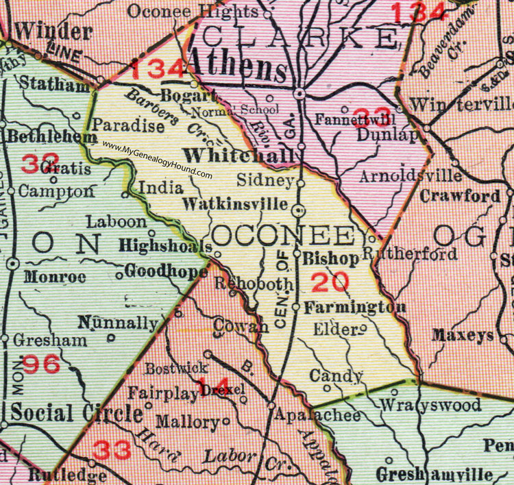 Oconee County, Georgia, 1911, Map, Watkinsville, Bishop, Farmington, High Shoals, Bogart