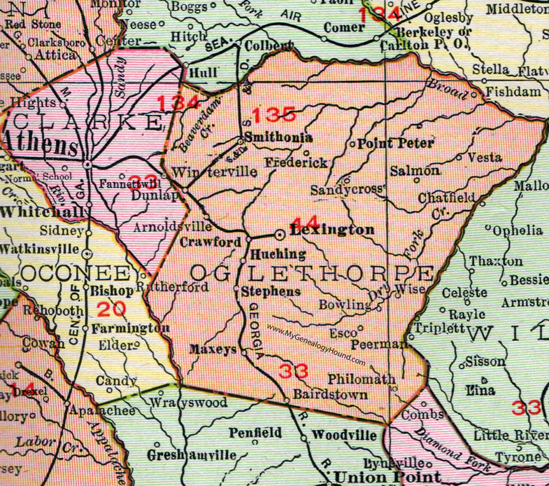 Oglethorpe County, Georgia, 1911, Map, Lexington, Crawford, Hutchings, Maxeys, Smithonia