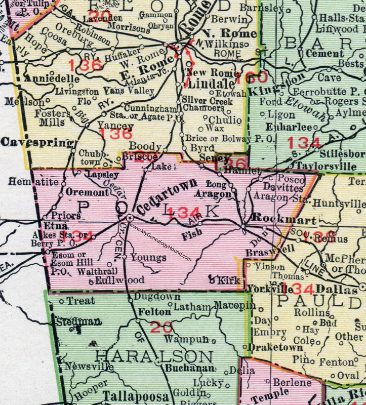 Polk County, Georgia, 1911, Map, Cedartown, Rockmart, Aragon, Esom Hill, Oremont