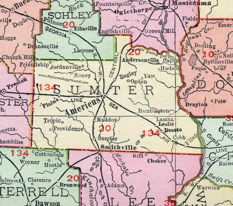 Sumter County, Georgia, 1911, Map, Americus, Andersonville, Plains, Leslie, Cobb