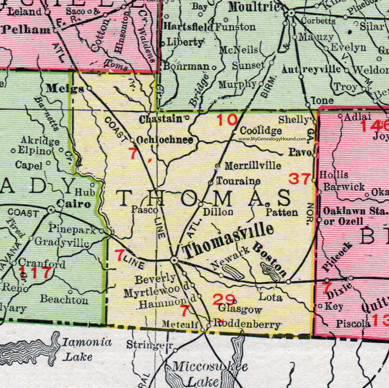 Thomas County, Georgia, 1911, Map, Rand McNally, Thomasville, Boston, Metcalf, Pavo, Merrillville, Coolidge, Meigs, Ochlocknee