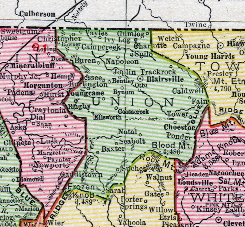Union County, Georgia, 1911, Map, Rand McNally, Blairsville, Suches, Coosacreek, Choestoe, Joplin, Vayles, Lewner, Natal, Seabolt