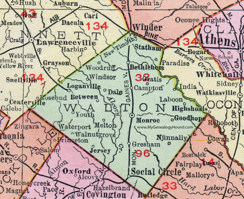 Walton County, Georgia, 1911, Map, Monroe, Social Circle, Winder, Loganville, Good Hope, Campton